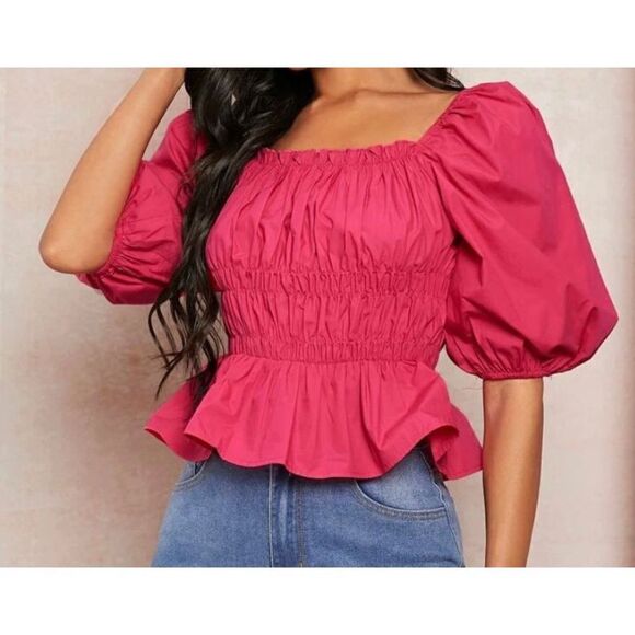 Shein Pink Puffed Sleeve Shirred Peplum Blouse Size Large NEW - Picture 1 of 7